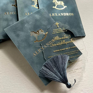 Carte d'invitation de baptême de luxe en acrylique avec enveloppe en velours et pompon, invitation de baptême personnalisée avec dorure à chaud - Product Image 2