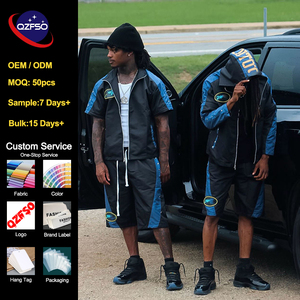 Conjunto de Chaqueta Deportiva y Pantalones Cortos de Gran Tamaño, Personalizado OEM QZFSO, Estilo Urbano, Bloques de Color, Ropa Técnica para Hombre, Traje Deportivo de Dos Piezas - Product Image 1