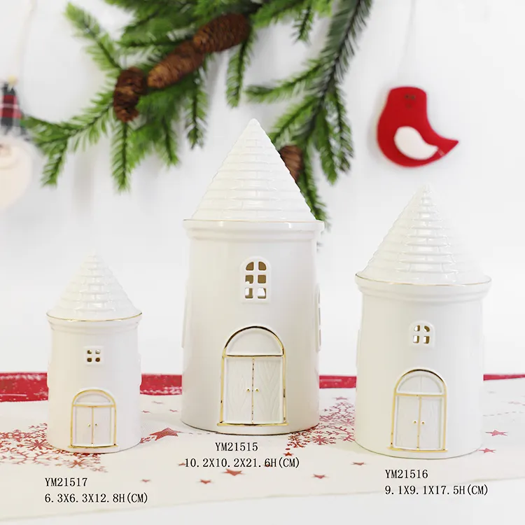 Casa de pueblo de Navidad de porcelana blanca moderna, decoración de cerámica para fiesta