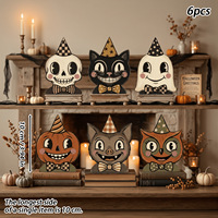 Adornos de madera vintage de Halloween pintados a mano: fantasma, murciélago, búho, gato negro, calabaza. Decoración de mesa estilo rústico americano, recuerdo de fiesta.
