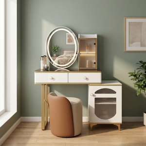 Modern Makeup <b>Vanity</b> Table With <b>Lighted</b> Mirror Storage Desk For Bedroom Furniture - Product Image 3