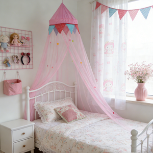 <span class=keywords><strong>Moustiquaire</strong></span> de lit <span class=keywords><strong>tipi</strong></span> pour enfants, tente de lit suspendue avec pompons et drapeaux triangulaires colorés pour la décoration de chambre de filles et de garçons - Product Image 5