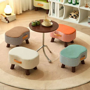 Small <b>Stool</b> With Checkered Fabric And Wooden <b>Legs</b> For Living Room Or Bedroom Use Stackable Design For Home Furniture - Product Image 1