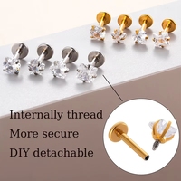 Boucle d'oreille clou en acier inoxydable avec zircone cubique, forme carrée, cœur, étoile, à filetage interne, dos plat, pour piercing hélix