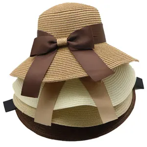 Professional China Supplier Summer Black With Buckle Bow Fisherman Hat Women Shade Large Along Beach Sun Straw hat