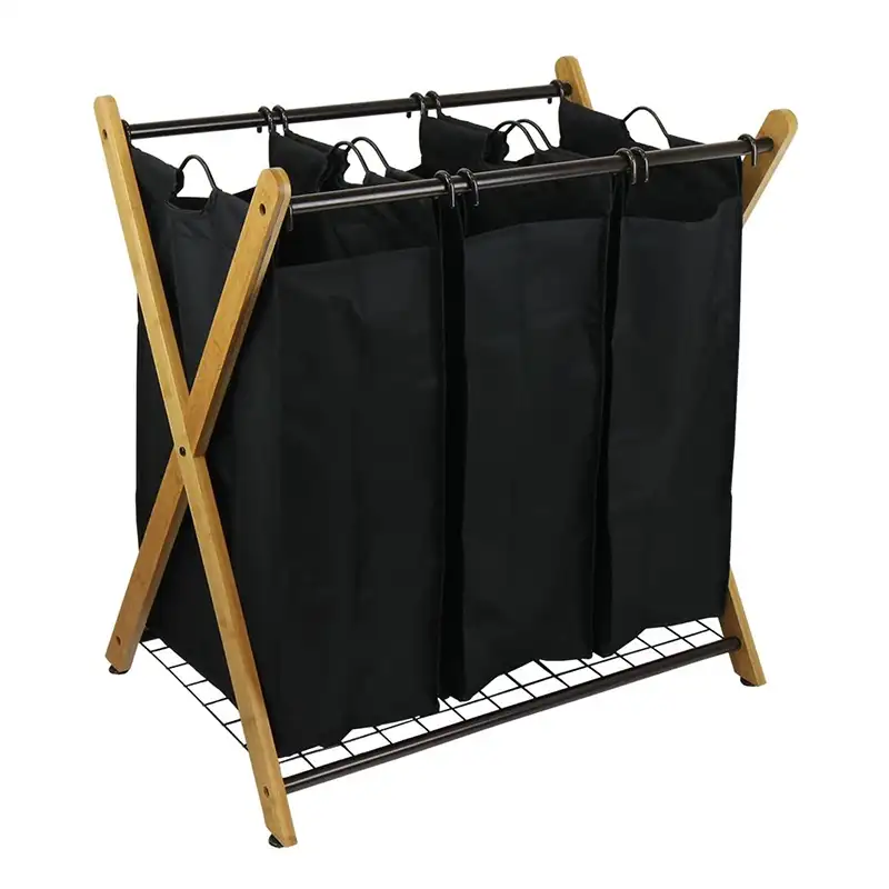 Cesta Sorter&Storage Baskets Set.Collapsible Bamboo X-Frame Laundry Hamper with 3 Black Canvas Bag &Stainless Fixed Net Tray