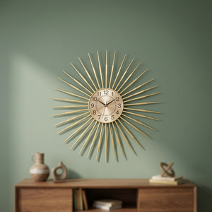 Horloge murale Sunburst de style moderne du milieu du siècle, analogique à quartz, en métal, décoration de salon, design géométrique abstrait doré - Product Image 5