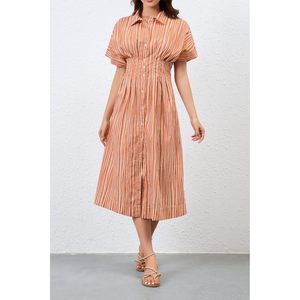 Vestido Camisero a Rayas con Botones Delanteros para Mujer, Manga Corta, Cuello Casual, Maxi, Naranja, Tejido Transpirable, para Uso Diario - Product Image 2