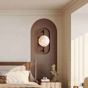 Minimalist Wood Wall <b>Lamp</b> With Marble <b>Shade</b> Round Beige 2700K Warm <b>White</b> Light Source LED E27 Switch Control - Product Image 2