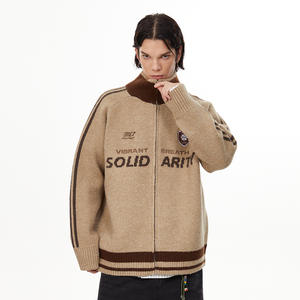 Chaqueta de béisbol de punto con cuello medio alto y letras jacquard sueltas, a la moda, al por mayor - Product Image 3