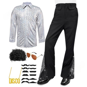 Costume d'Halloween vintage années 60-70 style <span class=keywords><strong>hippie</strong></span>, pantalon à paillettes, haut, pantalon pattes d'éléphant pour homme, tenue brillante pour chanteur <span class=keywords><strong>de</strong></span> discothèque et danseur - Product Image 2