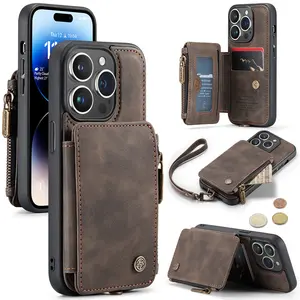 flip cover leather zip leather case for iphone 14 13 12 11 pro max,for iphone 14 pro case strap hand holder