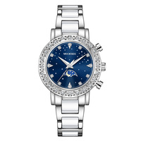 Montre de luxe pour femme, design soleil, lune et étoiles, diamants incrustés, calendrier intégré, en acier allié et céramique, résistante à l'eau, aiguilles