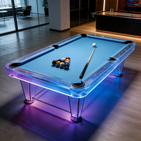 Table de billard haut de gamme S.QF 7/8/9 pieds avec plateau en ardoise, pieds transparents, éclairage LED, surface en cuir lisse et poches de récupération.
