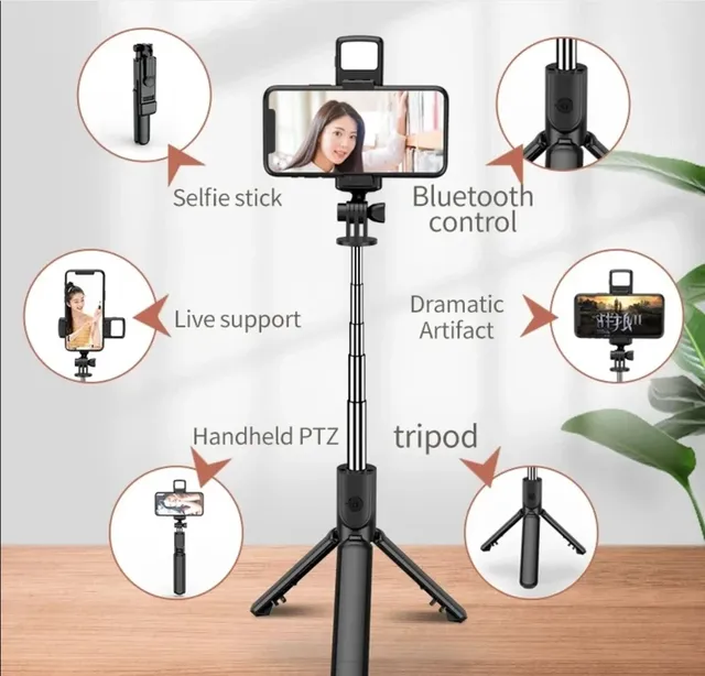 Stainless Steel Cell Phone Selfie Stick Professional Tripod for Remote with Fill Light and Phone Holder Stand