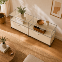 Buffet moderne minimaliste écologique avec étagères en verre, structure en acier inoxydable, 2 tiroirs, 2 compartiments, salon, salle à manger