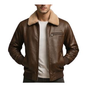 Veste d'aviateur en cuir de vachette marron antique artisanale de qualité supérieure pour homme avec col en fourrure amovible, veste de pilote en cuir vintage classique - Product Image 1