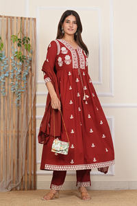 ชุดคุर्ตาผ้าฝ้ายปักลายชนเผ่าสำหรับผู้หญิง พร้อมกางเกงและผ้าคลุมไหล่ ผลิตภัณฑ์แฮนด์เมดสั่งทำได้จำนวนมาก - Product Image 4