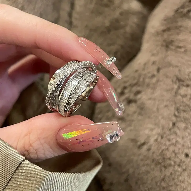 JC Wholesale shiny zirconia geometric ring female fashion temperament multi-layer line open finger ring index finger ring
