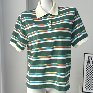 <span class=keywords><strong>Polo</strong></span> rayé rétro américain pour <span class=keywords><strong>femme</strong></span>, haut en tricot à manches courtes de couleur contrastante, style preppy, chemisier décontracté ample - Product Image 5