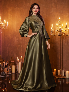 Nouvelle <span class=keywords><strong>robe</strong></span> de <span class=keywords><strong>soirée</strong></span> élégante pour femmes, col montant, manches lanternes, patchwork de paillettes extravagantes, satin, fente haute, perles - Product Image 6
