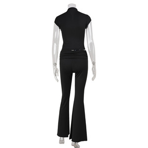 <span class=keywords><strong>Ensemble</strong></span> 2 pièces pour <span class=keywords><strong>femme</strong></span> Sehe Fashion : Haut à col montant zippé, manches courtes, taille froncée et <span class=keywords><strong>pantalon</strong></span> évasé - Product Image 6