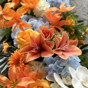 Luxurious Orange Blue Silk Faux Floral Arrangement Gladioli <b>Hydrangeas</b> Dahlias-Handmade Realistic Christmas Chinese New Year - Product Image 4