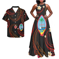 Elegante Conjunto a Juego para Parejas con Estampado Tropical del Logotipo de Guam, Vestido Casual sin Mangas de Lujo para Mujer y Camisa Aloha para Hombre