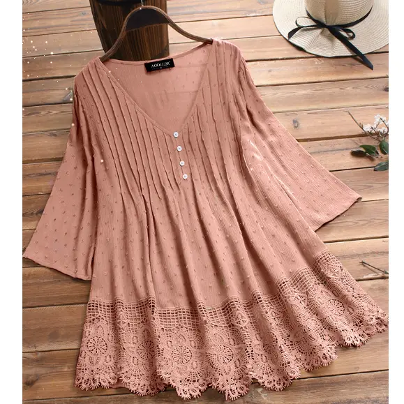 Large Size M-5XL Women Vintage V Neck Short Sleeve Hollow Out Blouse Solid Casual Ruffles Cotton Linen Shirt Loose Top Blusas