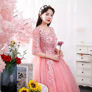 Prom Dress Ball Gown Scoop Neck Chiffon Floral Print Pink Long Evening Gown Women's Formal Wear - Product Image 2