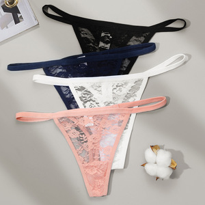 Celana Dalam Wanita Seksi Nyaman Bernapas Berbahan Renda Bunga Spandex Model Thong Pinggang Rendah T-Back Metode Tenun Nonwoven - Product Image 1