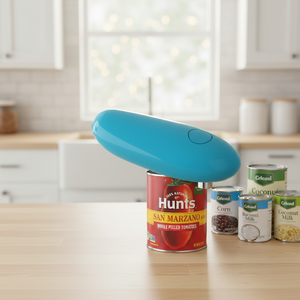 Ouvre-boîte électrique automatique ECare, construction en acier inoxydable, plastique et métal, fonctionnement à une touche, alimenté par piles, pour les chefs - Product Image 1