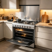 Cuisinière à gaz en acier inoxydable avec miroir de 90 cm pour cuisine domestique, cuisinière à gaz autonome avec indicateur de température, four monobloc noir à 5 brûleurs