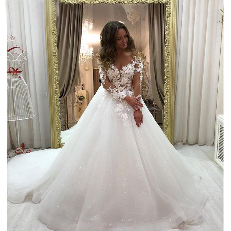 long sleeve embroidered organza wedding dress Elegant Floral Organza Ruffle Sleeve A-line Long Wedding Dress, WD3041 –  SposaBridal main image 1