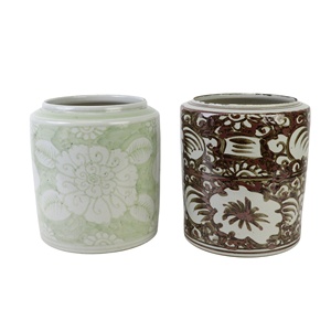 RZSX172-A-B Vaso da Tavolo in Ceramica con Motivo Floreale Verde, Marrone e <span class=keywords><strong>Bianco</strong></span>, Portapenne - Product Image 1