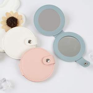 Petit miroir de poche rond en cuir PU double face, logo personnalisé, miroir de voyage pliable rose avec grossissement 2x, miroir cosmétique - Product Image 2