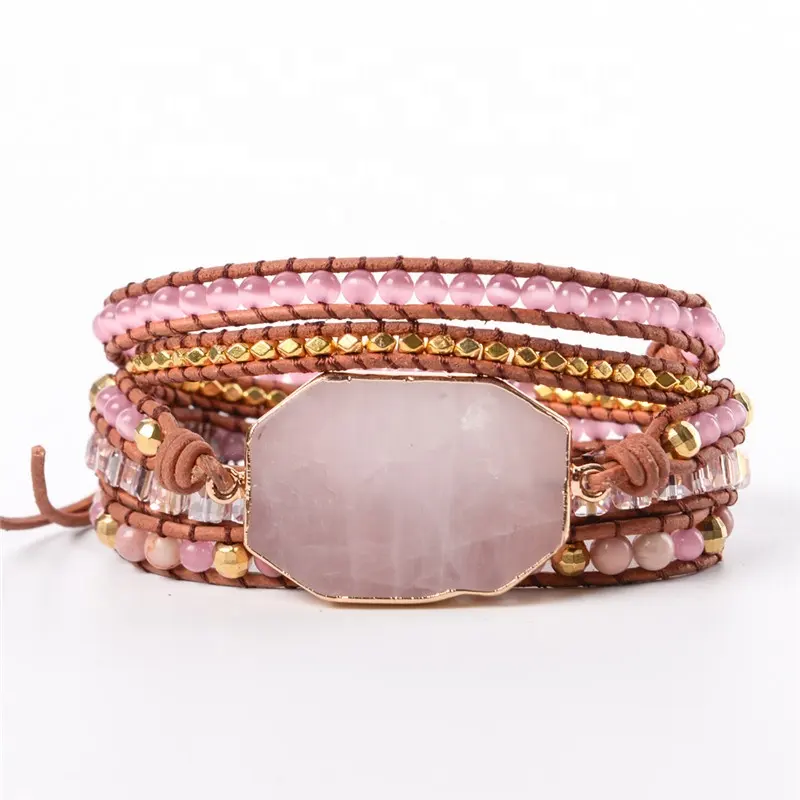 Natural Stone 5 Wraps Handmade Jewelry Boho Beach Vacation Rose Quartz Bracelet For Women