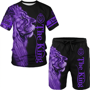 Ensemble de shorts décontractés pour homme, motif loup, taille mi-haute, tricoté, avec cordon de serrage, motif animalier, respirant, 100 % polyester, pour la plage - Product Image 3
