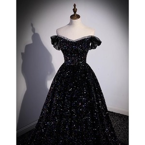 Off The Shoulder Evening Gown Women Black Sequined Sparkly Dress Wedding Hostess Vocal Performance Costume - Product Image 3