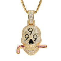 Collier en laiton plaqué or véritable avec zircon hip hop avec pendentif crâne