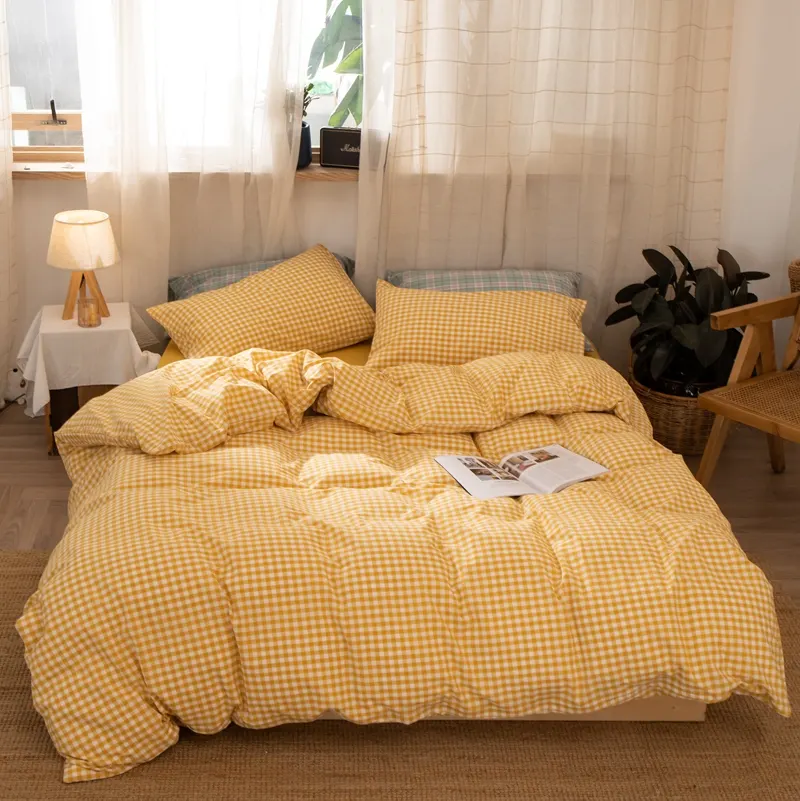 फैक्टरी सीधे आपूर्ति 100% कपास पीले प्लेड bedspreads coverlets ऊन कंबल duvet कवर चादरें सेट