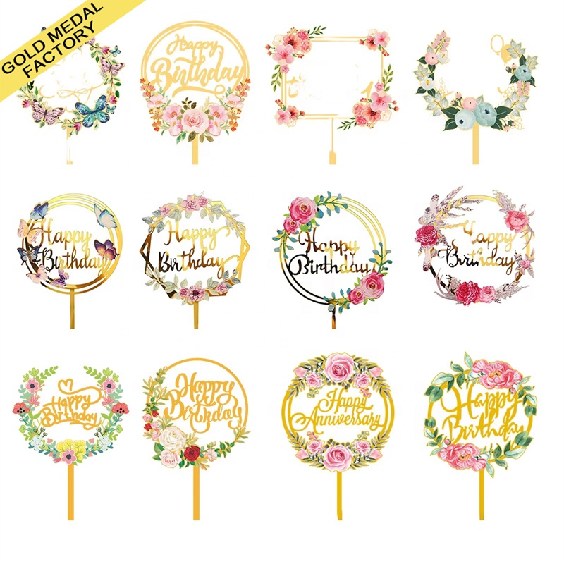 Spot Gold Flower Acrylic Happy Birthday Cake Surface Layer Various Birthday Party and Anniversary Cake Tools