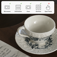Ensemble Tasse et Soucoupe à Café en Céramique Bleue Florale Gaufrée Style Vintage Français, Bord Festonné, Porcelaine Écologique et Durable, Coffret Cadeau – Vente en Gros