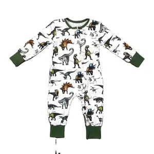 Baju monyet butik anak-anak, Romper modis lengan panjang dinosaurus Jurassic hijau gelap serat bambu gaya baru