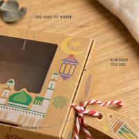 Boîte en papier kraft pour l'Aïd Ramadan avec fenêtre transparente, ficelle, pour pâtisseries, biscuits, bonbons, emballage cadeau, vente en gros personnalisée islamique