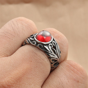 European American Style <b>Titanium</b> Steel Ruby <b>Ring</b> Silver Men's Retro Punk Flower Bezel Setting Gift Jewelry 280623 - Product Image 4