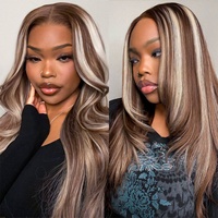 Perruques sans colle Megalook 13x6 Lace Frontal, brun foncé avec mèches blondes, ondulées, pré-coupées, faciles à poser pour débutantes