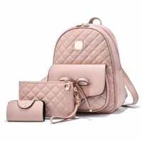 Tas Ransel Kulit PU Berlapis 3in1 Set Tas Sekolah untuk Remaja Perempuan Fashion Pita Daypack Tas Punggung Travel Dengan Dompet Clutch