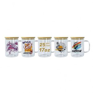 50 packs de mugs en verre givré transparent pour café glacé avec couvercles en bois, vinyle, 16 oz, anti-fuite, réutilisables, sans BPA, impression par sublimation - Product Image 1