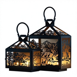 Decorative Metal <b>Lantern</b> <b>Set</b> with Mountain Wildlife Cutout Design Hanging Candle Holder for Home Décor and Outdoor Ambience Lamp - Product Image 1